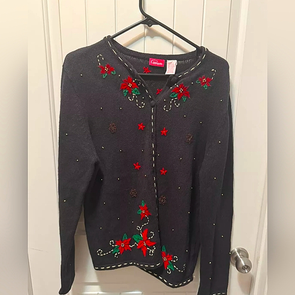 Pappagallo Christmas Cardigan Sweater Poinsettia Flowers Black Size L